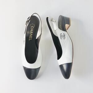 NEW Chanel Calfskin CC Logo Cap Toe White Dark Navy Slingback Low Heel Pumps 36